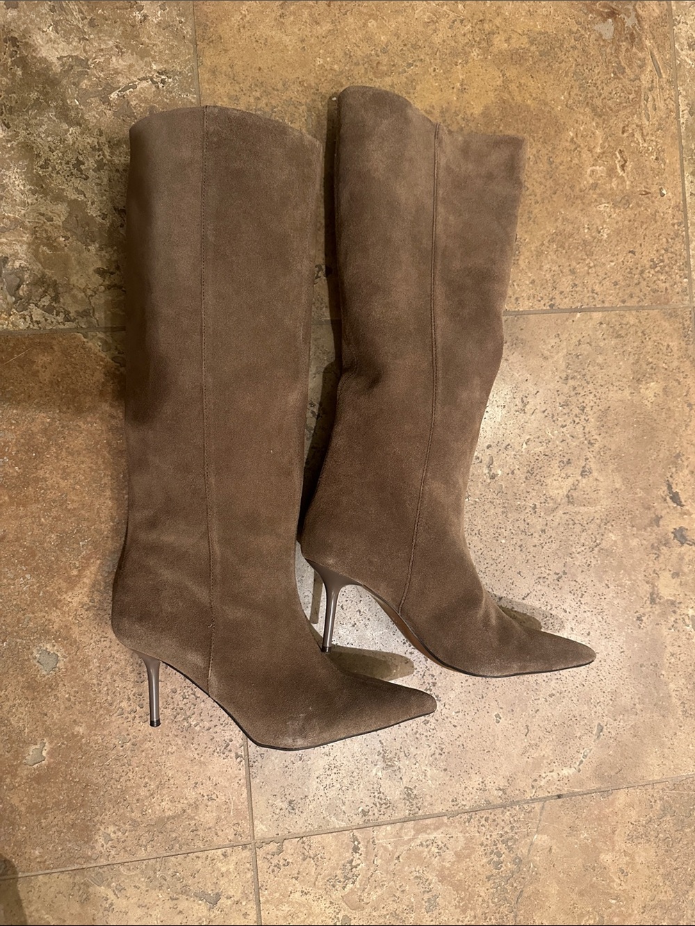 Zara Brown Suede Knee-High Pointed Toe Stiletto Boots
